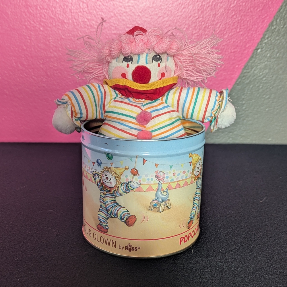 Vintage Popcorn the Circus Clown Plush Doll & Tin